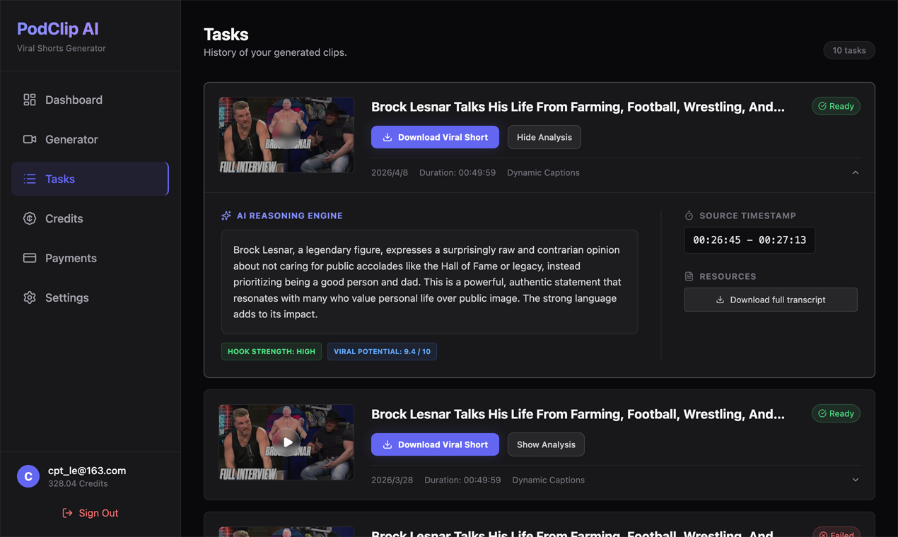 PodClip AI - YouTube Podcasts to Viral Shorts screenshot 2